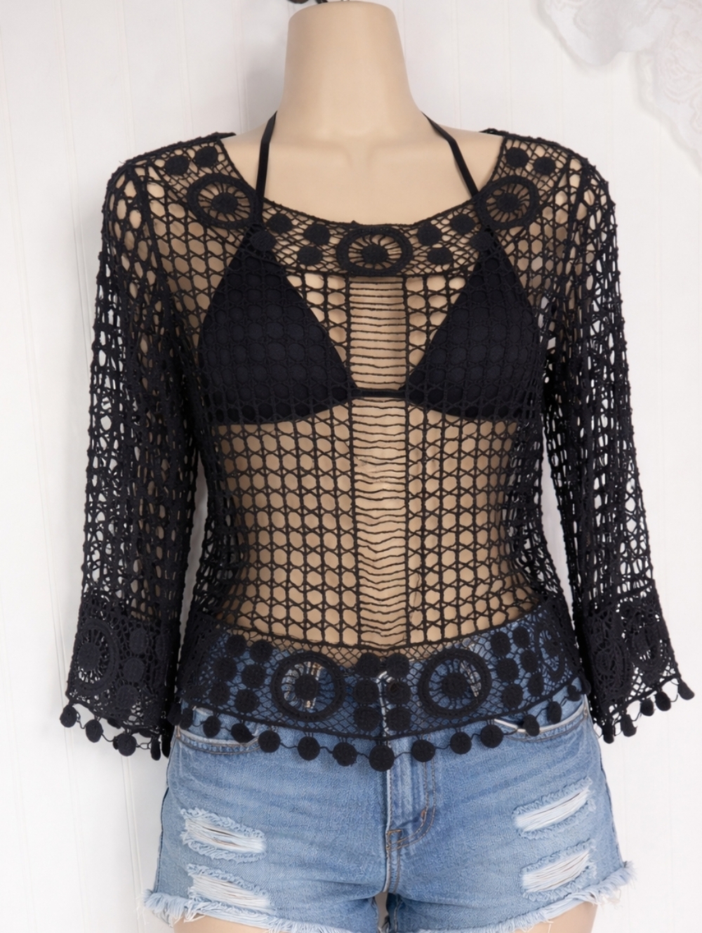 INDIA BOUTIQUE Black Crochet Sheer Boho Top Sz M